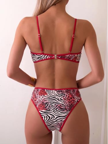 Image of Fanuerg Women's Triangle Bikini Sets O Ring Linked Two Piece Swimsuits Floral Printed Cheeky Bathing Suit