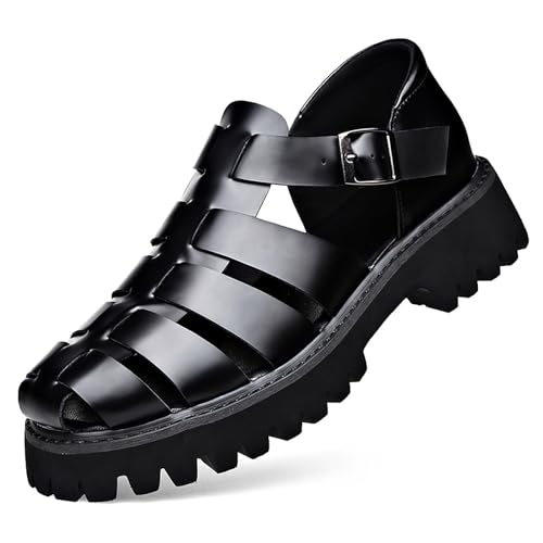 Men's Genuine Leather Platform Fisherman Sandals With Adjustable Ankle Buckle Closed Toe Anti-Slip Lug Sole Water Shoes Walking Driving Sandals