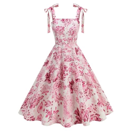 Image of Odizli 1940s Dresses for Women 1950s 50s 40s Vintage Rockabilly Elegant 1960s Retro Style Ladies Fancy Summer Spaghetti Straps Floral Print Swing A Line Wedding Guest Cocktail Tea Dress Pink M
