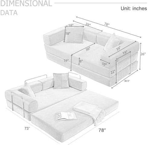 Image of HANXIN 78 Inch Convertible Sleeper Sofa Bed, Folding Floor Mattress Couch with Fixed-Shape Frame, Futon Boneless Couch Lounge Loveseat with Pull Out Bed, No Assembly Required (Beige)
