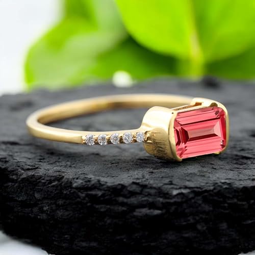 Padparadscha Sapphire Ring, Emerald Cut Stone Statement Jewelry, 14K Solid Gold Engagement Ring, Diamond Promise Ring Gift for Her4