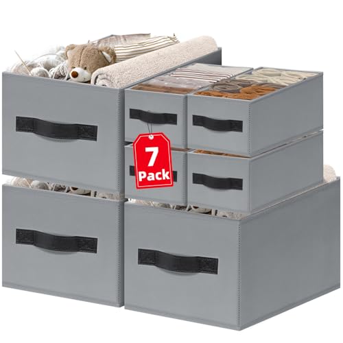 7 Pack Closet Organizers Bins, 2 Sizes Closet Shelf Organizer with Handles - Fabric Home Organization and Storage Baskets for Organizing Clothes Toys Blanket Towel Purse