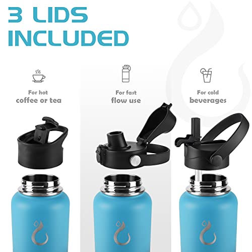 Opard Sports Water Bottle - 32 Oz, 3 Lids (Straw Lid, Flip Lid, Spout Lid), Leak Proof, Vacuum Insulated Stainless Steel, Double Walled, Reusable Metal Canteen #TOP4