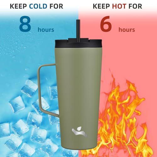 Image of Konokyo 22 oz Insulated Tumbler with Handle & Straw, Stainless Steel Mug