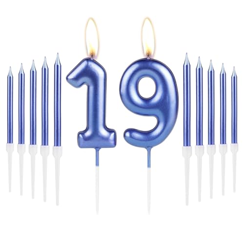 Metallic Royal Blue 19th Birthday Number Candles Set,Pearlescent Thin Pencil Cake Candles for 19 Year Old Birthday Party Decorations