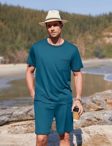 Image of Ekouaer Men's Pajamas Set Casual Short Sleeve Shirts and Shorts Soft 2 Piece Loungewear With Pockets