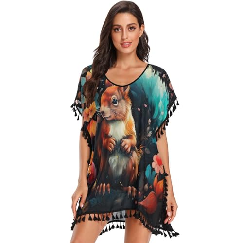 Watercolor Art Squirrel Women's Beach Cover Up Chiffon Tassel Swimwear Swimsuit Coverups for Girl