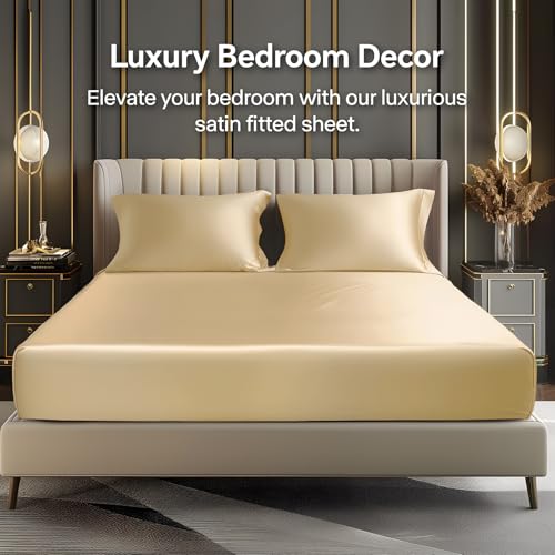 BEDELITE Satin Fitted Sheet and Pillowcase Set, Luxury Soft Similar to Silk Bottom Bedsheet with Elastic Corner Straps, Deep Pocket up to 15 Inch, 1 Fitted Sheet and 1 Pillowcase(Twin, Champagne)