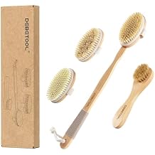 DEBETOOL Dry Brushing Set - Natural Boar Bristle Body & Face Brush, Wooden Long Handle Scrub Brush for Cellulite & Lymphatic Drainage Body Care, Detachable, 3 Brush Heads
