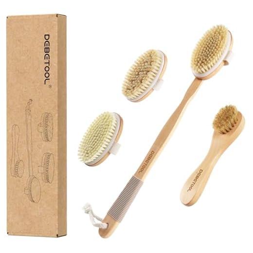 DEBETOOL Dry Brushing Set - Natural Boar Bristle Body & Face Brush, Wooden Long Handle Scrub Brush for Cellulite & Lymphatic Drainage Body Care, Detachable, 3 Brush Heads