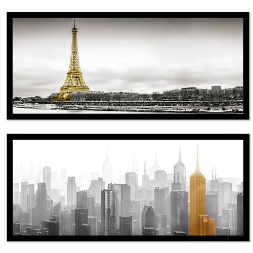 Image of PAINTINGMANTRA Art Framed Painting Eiffel Tower Paris Scene Horizontal Scandinavian Poster Print For Living Room, Decorative Home & Wall Decor - Set Of 2 (Black Frame, 8x18 Inch)