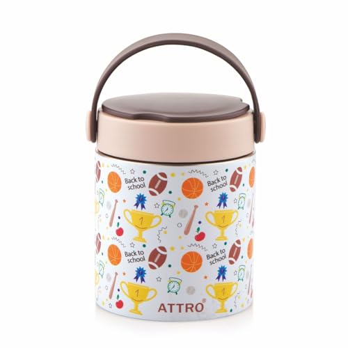 Image of ATTRO Happy Go Vacuum Insulated ISI Certified Stainless Steel Soup Jar 500ml, Leakproof & BPA Free for Kids & Adults, Long Temperature Retention,Ideal for School, Office & Travel - Sports Trophy Brown