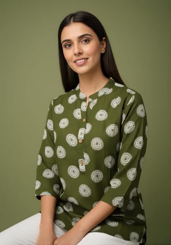 Image of Women's Cotton Printed Kurta Top | 3 /4 Sleeve Straight Kurti Casual Outings