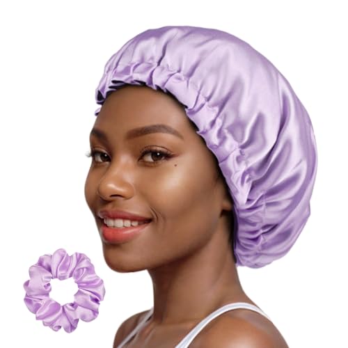 PARISBELLA Gorro de satén reversible suave como la seda para dormir, gorro de dormir de satén ajustable para cabello rizado, elegante envoltura de pelo de satén con coletero, Lavanda, M-L