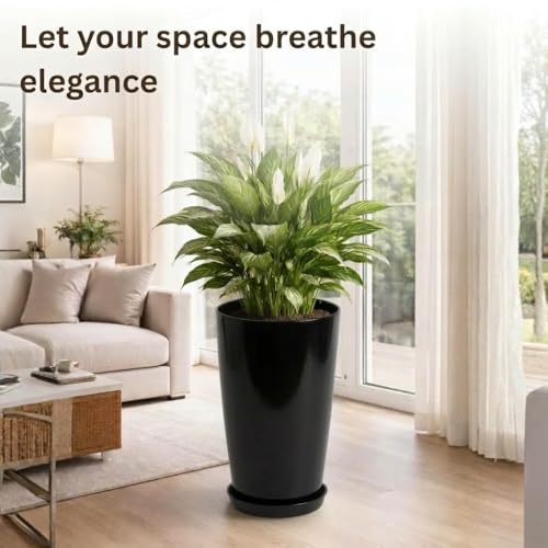 Image of Urban Upvan 18 Inch Solid Black Tower Pot with Tray - Large Round Planter for Indoor & Outdoor Plants, Durable Decorative Plant Container (Pack of 1)