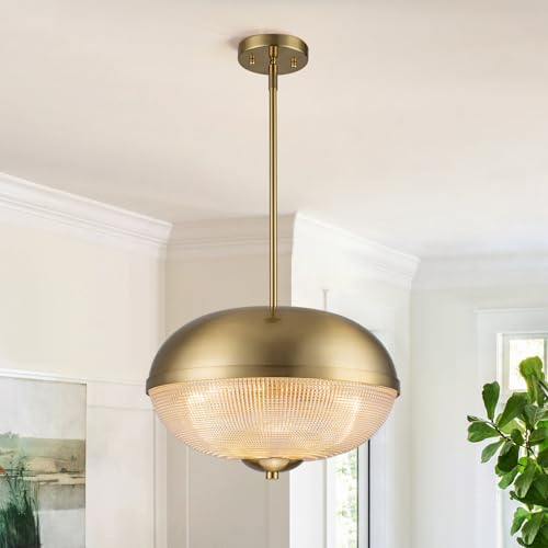 Zicbol Modern Brass Glass Pendant Light, 3-Light Gold Hanging Light Fixture with Adjustable Rod, 15.9" Glass Chandelier for Kitchen Island, Dining Room, Hallway, Bedroom