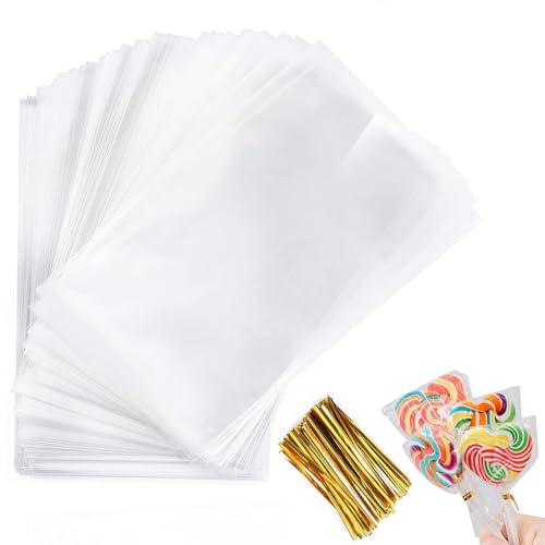Neoreser 100 Bolsas Transparentes para Chuches, Bolsas Celofan, Bolsas de Galletas de Alimentos con 100 Lazos para Dulces Galletas Pastelería Fiesta de Cumpleaños Infantil(16x10cm)