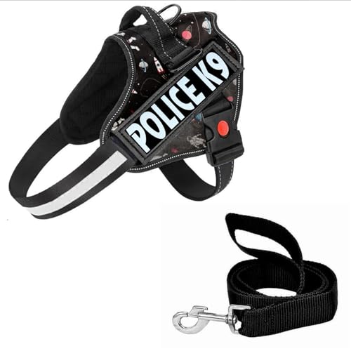 Image of Berlin's Police K9 Dog Harness with Leash, Dog Vest with Handle, Reflective Adjustable No-Pull Harness for Dogs Heavy Duty Nylon, for Training, Patrol, Hiking (Printed Black, Small (5-12Kg))