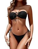 Zuvebamyo Women's Bandeau Bikini Sets O Ring Cinched Strapless Two Piece Swimsuit Tie Side Cheeky Bathing Suits Black L