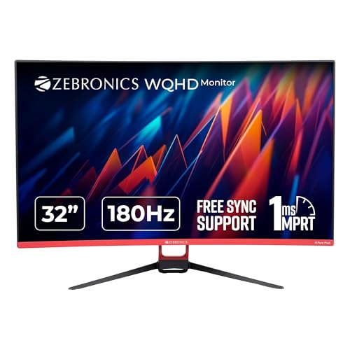 Image of ZEBRONICS S32A, 1800R Curved Gaming Monitor, 32 inch (80cm), 280 nits, 180Hz, WQHD, 2560x1440, FreeSync, 1ms MPRT, HDMI, DP, HDR10, Bezel Less, Built-in Speakers, Wall Mountable