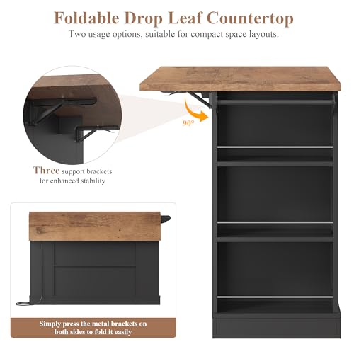 Keyluv Kitchen Storage Island with 2 Stools, 51” Mobile Kitchen Cart with Drop Leaf & Power Outlet, Rolling Island Table Dining Room Buffet with 2 Drawers & Side Storage Rack &Towel Rack, Black