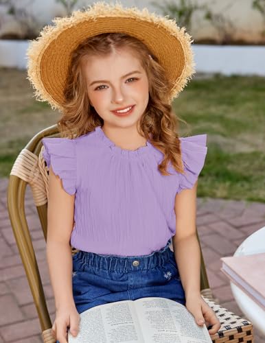 Image of Arshiner Girls Ruffle Short Sleeve Shirts Cute Summer Frill Neck Pleated Textured Blouse Tops