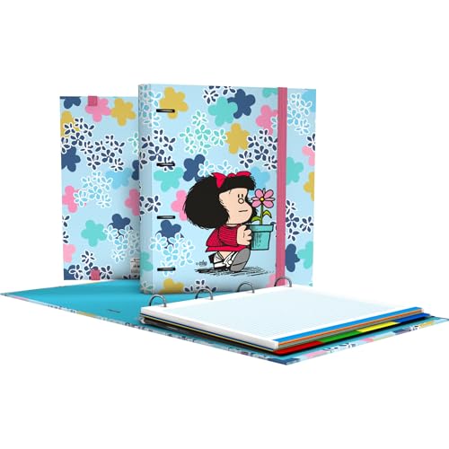 Grafoplás Classeur 4 anneaux avec recharge a4 | Mafalda Lively | Comprend 100 feuilles quadrillées 5 x 5 | Intercalaires et enveloppes avec fermeture | Dos incurvé ergonomique | Carpebook | Parfait