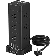 Tower Power Strip with Surge Protection 12 AC, 4 USB, 5ft, Black