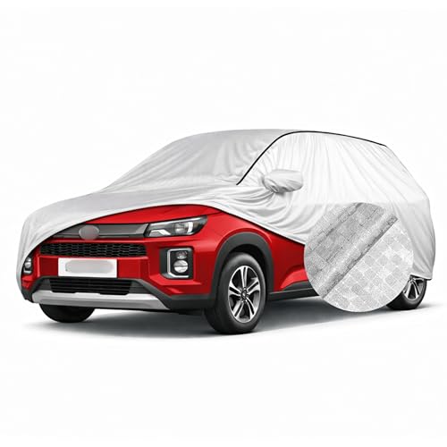 Image of SEAZEN Waterproof Car Cover for Hyundai Exter | Dustproof, UV & Scratch Resistant Soft Cotton Lining | Triple Stitched, Mirror Pockets & Elastic Hem | Metallic Silver with Black Piping