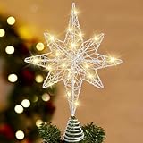 DTYDECLE Christmas Tree Topper Lighted, 13.5’’ Silver Glittered Xmas Hollow Star Treetop Toppers Ornaments with 20 LED Lights for Indoor Christmas Tree New Year Holiday Decorations