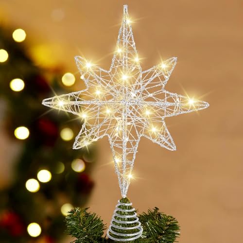 DTYDECLE Christmas Tree Topper Lighted 13.5 Silver Glittered Xmas Hollow Star Treetop Toppers Ornaments with 20 LED Lights for Indoor Christmas Tree New Year Holiday Decorations