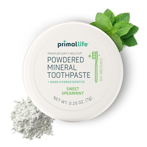 Image of Primal Life Organics - Dirty Mouth Toothpowder, Tooth Cleaning Powder, Flavored Essential Oils with Natural Kaolin & Bentonite Clay, Good for 60+ Brushings, Organic, Vegan (Sweet Spearmint, 0.25 oz)