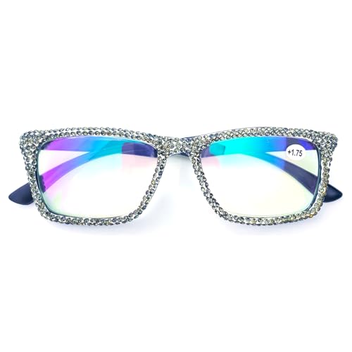 mincl Sparkling Presbyopia Reader Diamond Rhinestone Reading Glasses Blue Light Blocking Bling Reading Glasses for Women (black, 1.75, x)