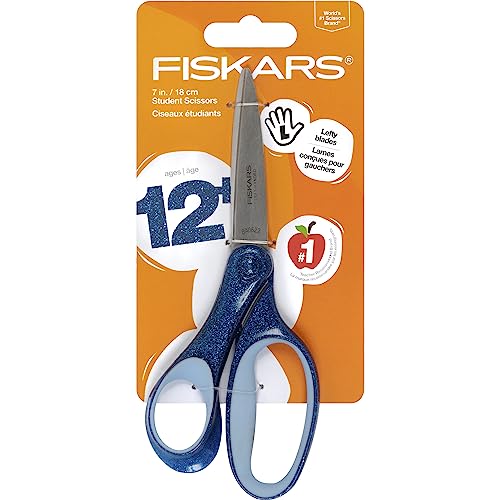 Fiskars 7 SoftGrip Left-Handed Student Glitter Scissors for Kids 12+ - Left-Handed Scissors for School or Crafting - Back to School Supplies - Blue Glitter