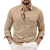 Mens Linen Shirt Mens Autumn Solid Color Longsleeve Tops Mens Casual Button Placket Casual Shirts For Men Simplicity Longsleeve T-Shirt Classic A-Khaki 3XL