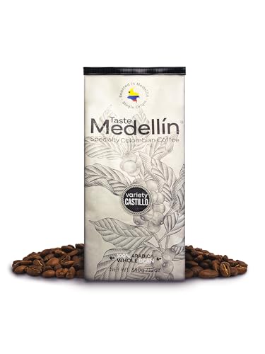 Taste Medellin Colombia Coffee Whole Bean, Single Origin Special Gourmet Coffee, Medium Roast Cafe Colombiano, 12oz Castillo