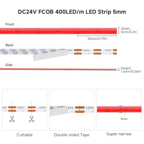 Image of 5mm Red COB LED Strip Light DC24V Narrow Thin Flexible High Density Uniform Cob Strips 16.4FT UL Listed Dimmable CRI 90+ LED Tape Lights for Car Cabinets, No Controller /Adapter