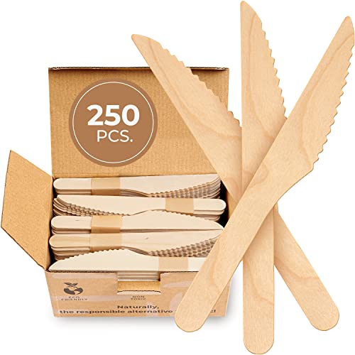 Disposable Wooden Knives Set Of 250 Pcs - 100% Compostable Disposable Knives - Biodegradable Utensils - Eco-Friendly Disposable Cutlery For Parties & Events - Wooden Compostable Knives, Wooden Cutlery #TOP15