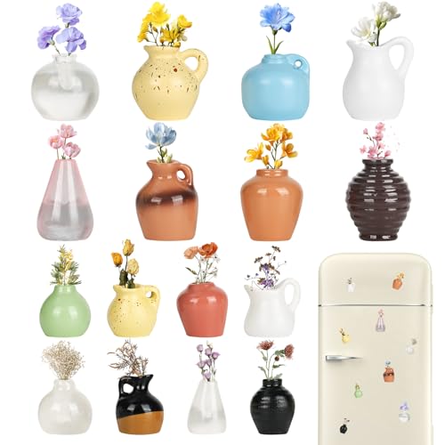 PYserne 16 St&uuml;ck Mini Vasen Magnete K&uuml;hlschrank, Harz K&uuml;hlschrank Magnete Keine Trockenblumen 3D Niedliche Lustige Magnetische Blument&ouml;pfe f&uuml;r K&uuml;hlschrankzubeh&ouml;r K&uuml;che B&uuml;ro Dekoration