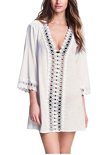 Meykiss Women's V-Neck Crochet Cover-ups Beachwear Dress US M White