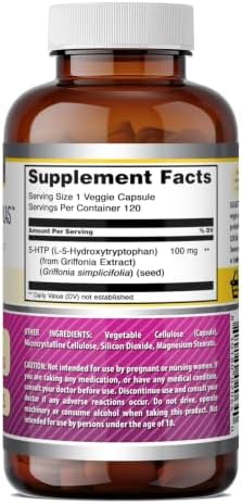 Amazing Formulas 5-HTP (Hydroxytryptophan) Supplement | 100 Mg Per Serving | Veggie Capsules | Non-GMO | Gluten Free | Made in USA (1 Pack, 120 Count) — 사진 6