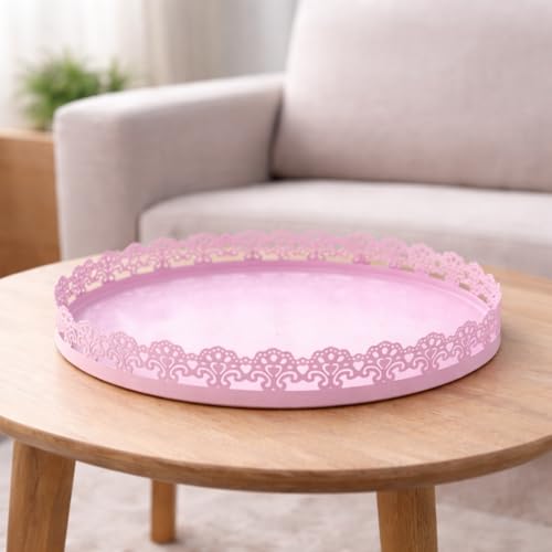 Image of Gold Finish Decorative Metal Tray | Multipurpose Serving & Vanity Tray | Premium Cutwork Design | Home Decor Organizer | 28 x 4 cm (Baby Pink)