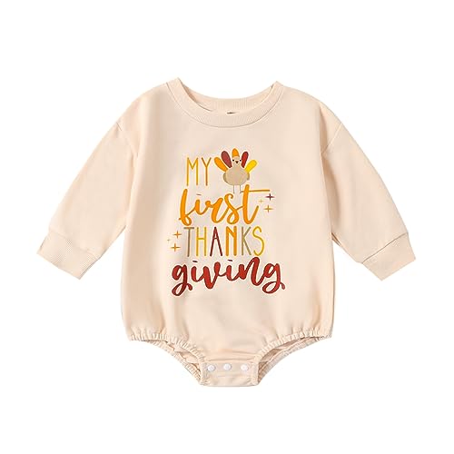 Image of Doisbetthsay Thanksgiving Baby Girl Boy Outfit My First Thanksgiving Infant Sweatshirt Romper Fall Winter One Piece Clothes (Brown, 0-3 Months)