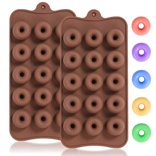 Dacthuw Mini Donut Silicone Molds 2 Pcs Chocolate Molds with Donut Shapes for Making Chocolate/Candy/Gummy/Jelly Food Grade Candy Mold with 15 Cavities Mini Doughnuts for Fruit Snacks