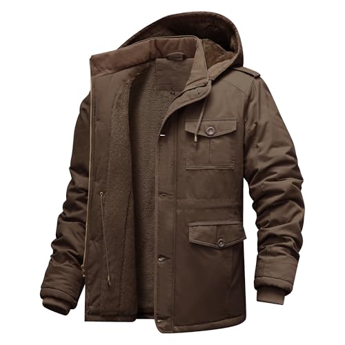 CHEXPEL Men's Winter Jackets with Removable Hood Thick Thermal Fleece Lined Cotton Coats Outerwear with Cargo Pockets Brown L