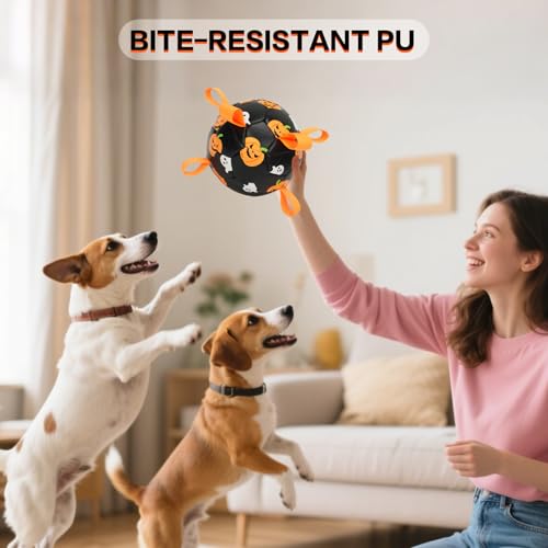 Image of Dog Toys Balls, Dog Soccer Ball with Straps, Dog Birthday Gifts, Durable Balls for Small Medium Pet, Puppy Outdoor Toy, Pet Training Soccer Ball, World Cup Soccer (7.25 Inch) (Ghost, Large)