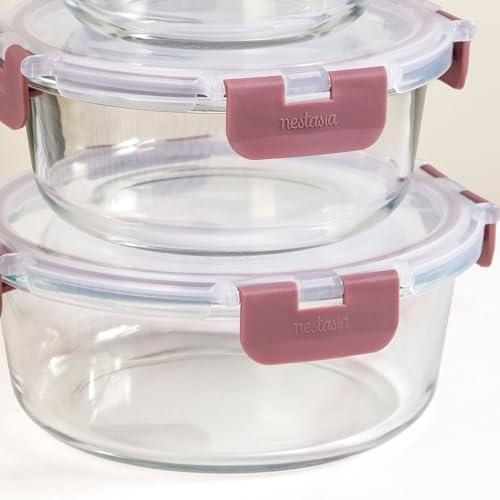 Image of Nestasia Nestro Airtight Glass Containers with Lid Set of 3 (400ml, 600ml, 950ml) | Spill Proof Round Glass Containers with Break Free Lock - Microwave, Dishwasher & Freezer Safe (Mauve)