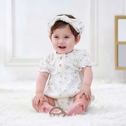 Newborn Baby Girl Clothes Cotton Bubble Rompers Infant Outfit Floral Long Short Bodysuit, 4 Pack4
