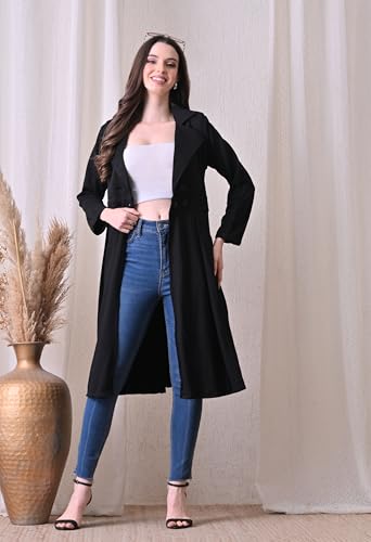 Image of Women's A-Line Long Blazer Dress | Cotton Blend Formal Office Wear Jacket Dress | Double Button Lapel Collar Long Coat | Casual, Business, Party & Winter Wear | Black & Purple