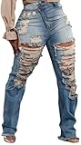 Light Blue High Waisted Wide Leg Jeans for Women Ripped Button Stretchy Distressed Classic Denim Pants